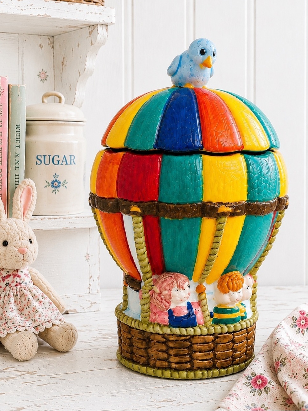 🎈Vintage Whimsical Hot Air Balloon Cookie Jar Bonbonnière Bird Folk Art Decor